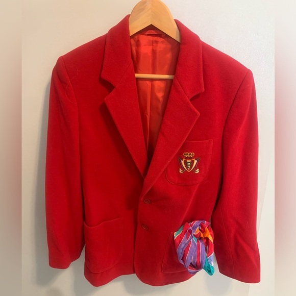 Vintage Pepperino Regular Red Wool/Cashmere Blazer Jacket with Crest, Size 12 - Picture 8 of 10